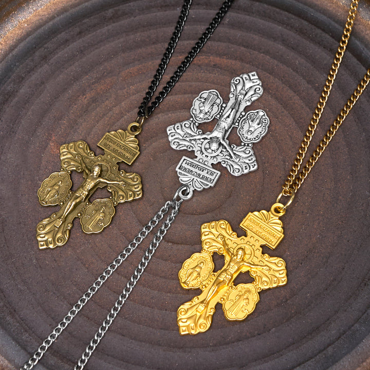 Christianartworkshop Classic Style 3 Colors Pardon Crucifix Double Sided Engraved Pendant Necklace