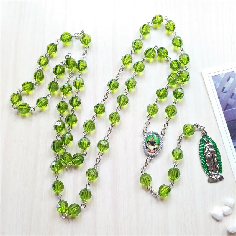 Christianartworkshop Saint Jude Thaddeus & Our Lady of Guadalupe of 8 mm Polyhedron Green Crystal Alloy Chain Rosary - image 1