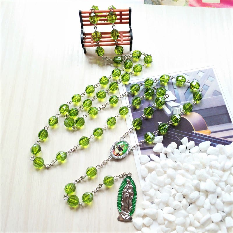 Christianartworkshop Saint Jude Thaddeus & Our Lady of Guadalupe of 8 mm Polyhedron Green Crystal Alloy Chain Rosary - image 3
