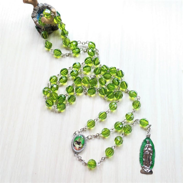 Christianartworkshop Saint Jude Thaddeus & Our Lady of Guadalupe of 8 mm Polyhedron Green Crystal Alloy Chain Rosary - image 4