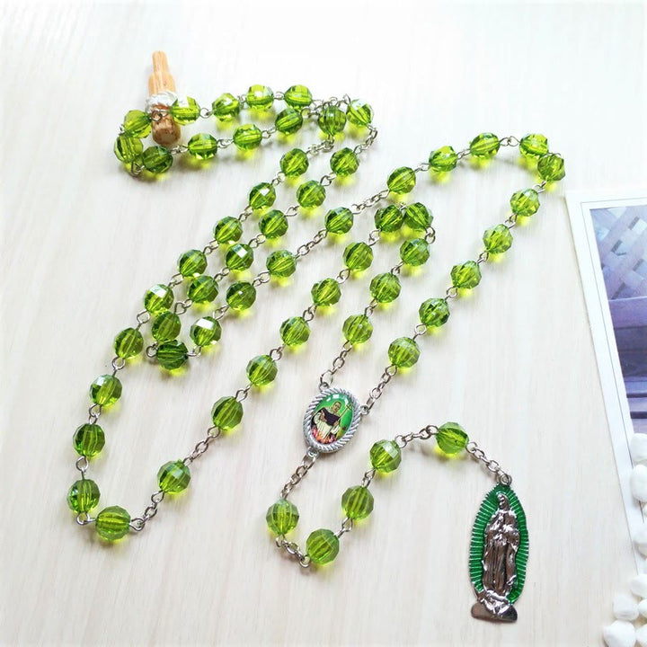 Christianartworkshop Saint Jude Thaddeus & Our Lady of Guadalupe of 8 mm Polyhedron Green Crystal Alloy Chain Rosary - image 2