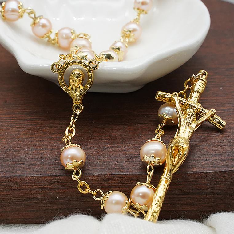 Christianartworkshop Virgin Mary & Crucifix of 7*8 mm Round Champagne Pearl Alloy Chain Rosary - image 1