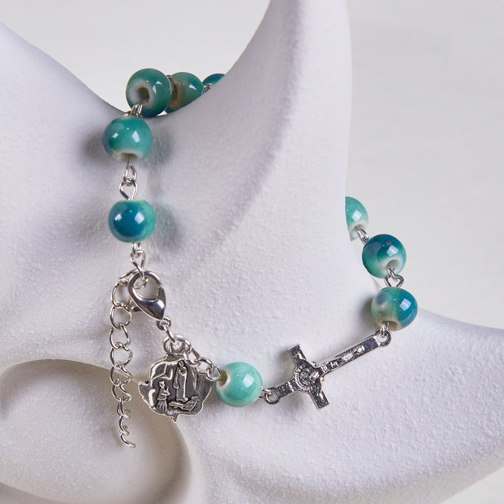Christianartworkshop Joyful Blossom Green Tone Ceramics Beads Rose & Crucifix Bracelet - image 4