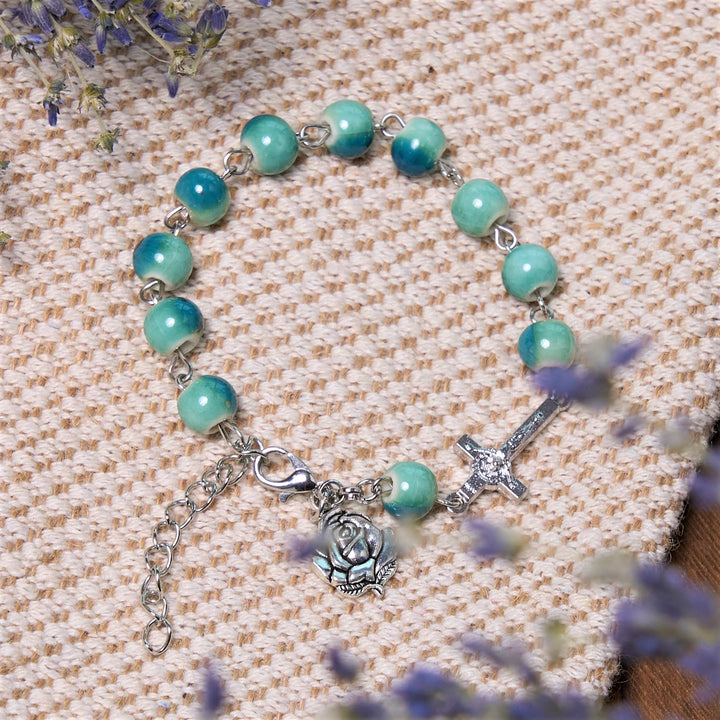 Christianartworkshop Joyful Blossom Green Tone Ceramics Beads Rose & Crucifix Bracelet - image 2