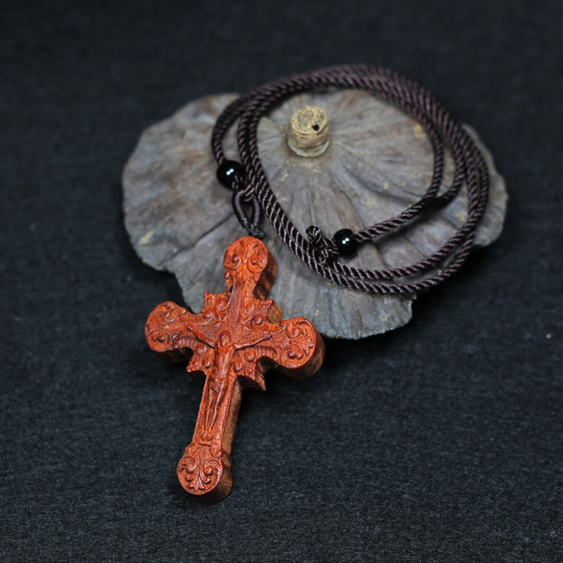 Christianartworkshop Classic Style Crucifix Sacred Protection Scrollwork Rosewood Pendant Necklace - Crucifix - image 0