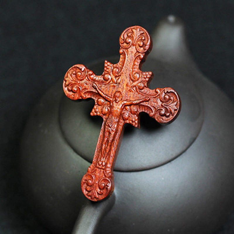 Christianartworkshop Classic Style Crucifix Sacred Protection Scrollwork Rosewood Pendant Necklace - image 1
