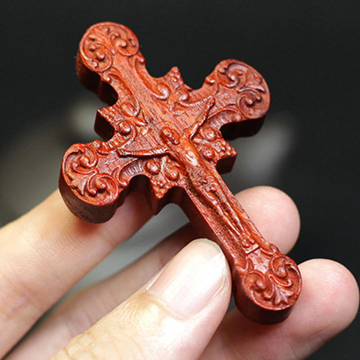 Christianartworkshop Classic Style Crucifix Sacred Protection Scrollwork Rosewood Pendant Necklace - image 2