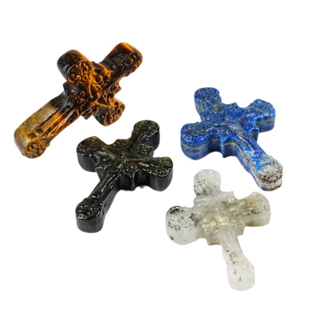 Christianartworkshop Natural Stone Tiger Eye Labradorite Obsidian Lapis Lazuli Scrollwork Crucifix Adornments - image 7