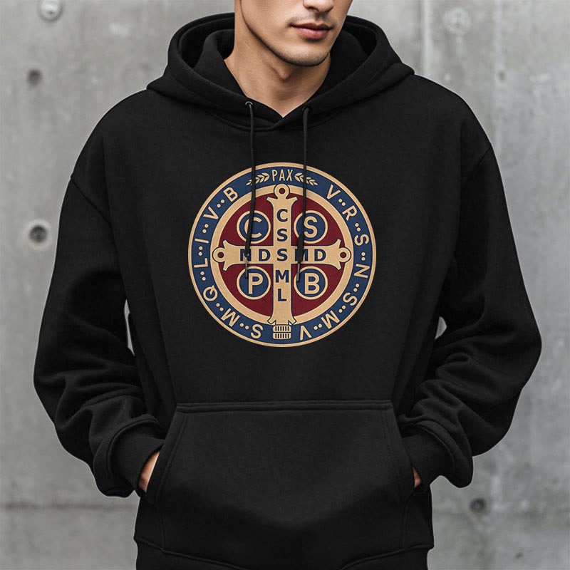 Christianartworkshop Classic Colored Style St. Benedict Protector Fleece Lined Polyester Hoodie - image 1