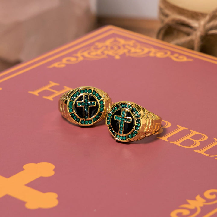Christianartworkshop Retro Style Green Gemstones Cross Golden Alloy Ring - US 13 - image 0