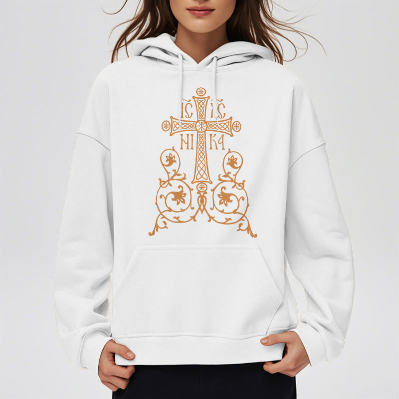 Christianartworkshop Classic Style Sacred Cross Emblem Floral Vines Fleece Lined Polyester Hoodie - image 7