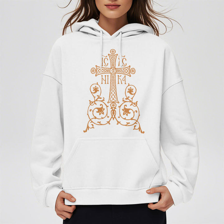 Christianartworkshop Classic Style Sacred Cross Emblem Floral Vines Fleece Lined Polyester Hoodie - image 7