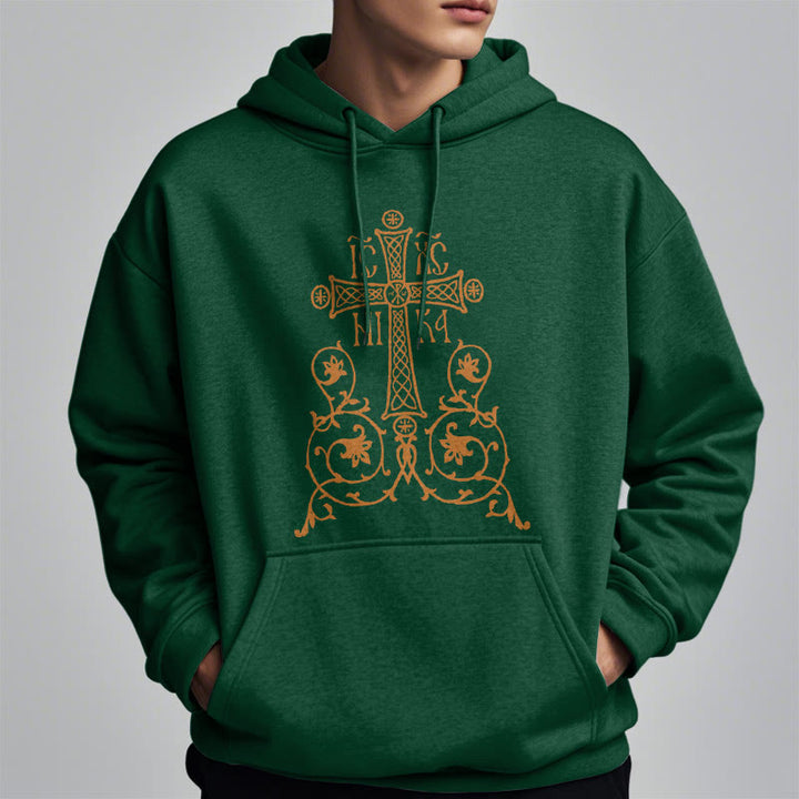 Christianartworkshop Classic Style Sacred Cross Emblem Floral Vines Fleece Lined Polyester Hoodie - image 22