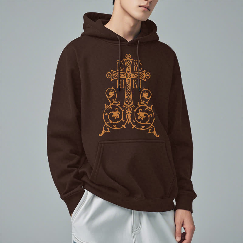 Christianartworkshop Classic Style Sacred Cross Emblem Floral Vines Fleece Lined Polyester Hoodie - image 17