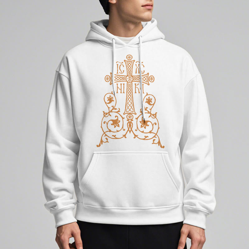 Christianartworkshop Classic Style Sacred Cross Emblem Floral Vines Fleece Lined Polyester Hoodie - image 8