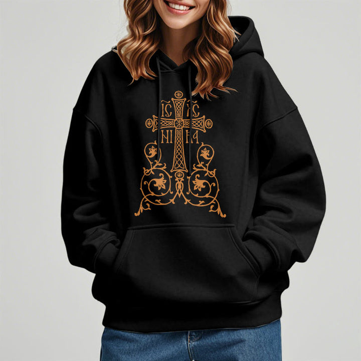 Christianartworkshop Classic Style Sacred Cross Emblem Floral Vines Fleece Lined Polyester Hoodie - image 1
