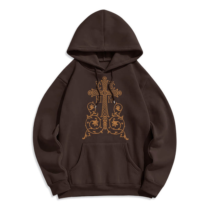 Christianartworkshop Classic Style Sacred Cross Emblem Floral Vines Fleece Lined Polyester Hoodie - Brown - 2XL - image 15
