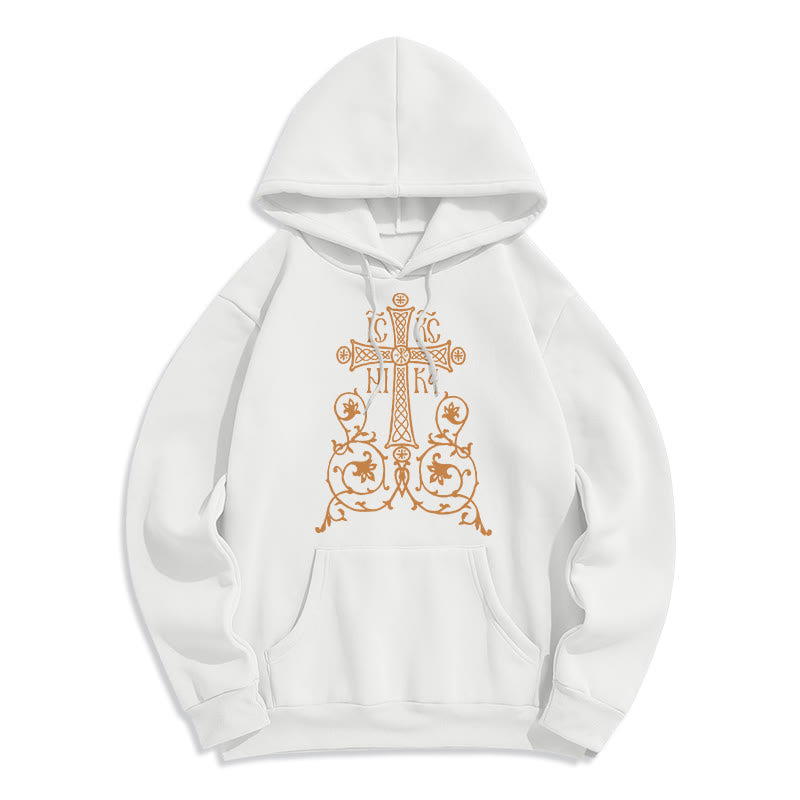 Christianartworkshop Classic Style Sacred Cross Emblem Floral Vines Fleece Lined Polyester Hoodie - White - 2XL - image 5