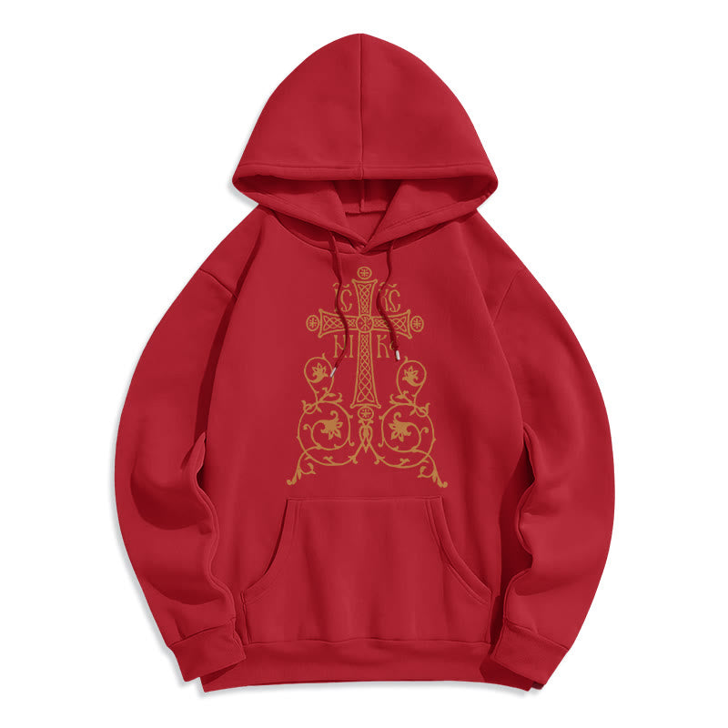 Christianartworkshop Classic Style Sacred Cross Emblem Floral Vines Fleece Lined Polyester Hoodie - Red - 2XL - image 35