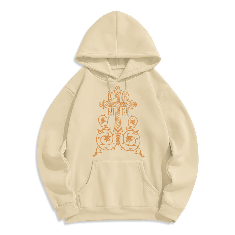 Christianartworkshop Classic Style Sacred Cross Emblem Floral Vines Fleece Lined Polyester Hoodie - Beige - 2XL - image 10