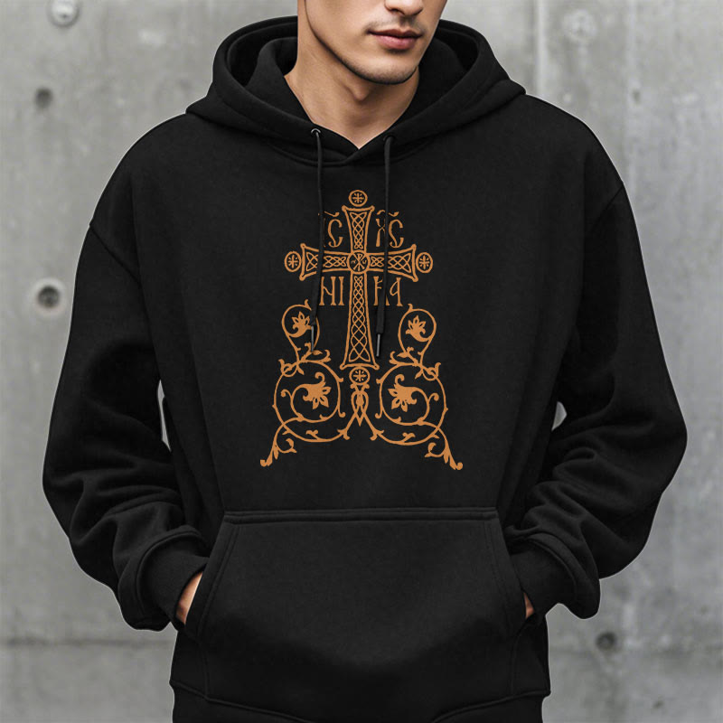 Christianartworkshop Classic Style Sacred Cross Emblem Floral Vines Fleece Lined Polyester Hoodie - image 2