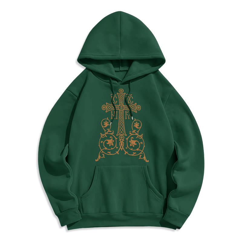 Christianartworkshop Classic Style Sacred Cross Emblem Floral Vines Fleece Lined Polyester Hoodie - Green - 2XL - image 20