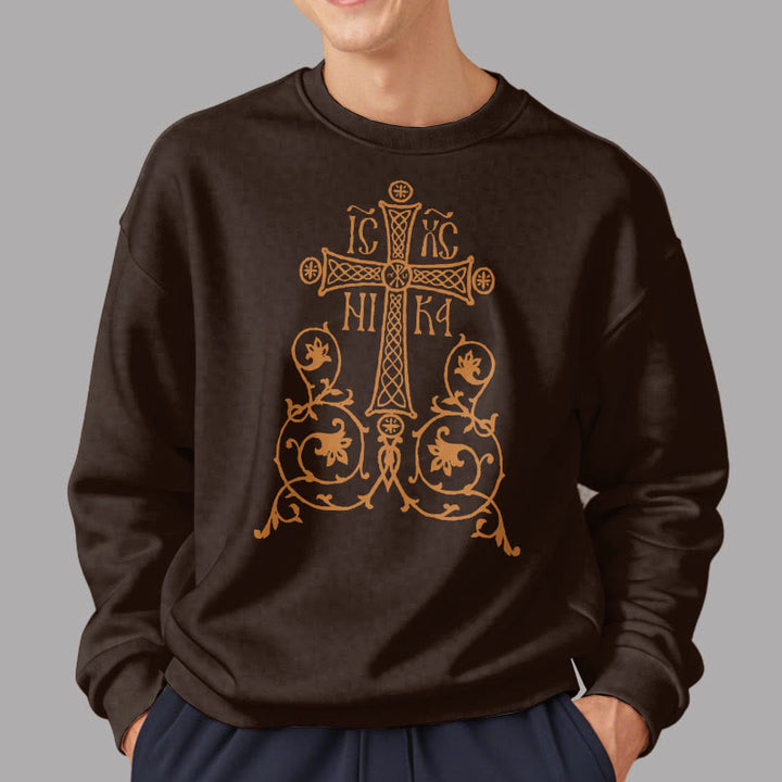 Christianartworkshop Classic Style Sacred Cross Emblem Floral Vines Fleece Lined Polyester Sweatshirt - image 17