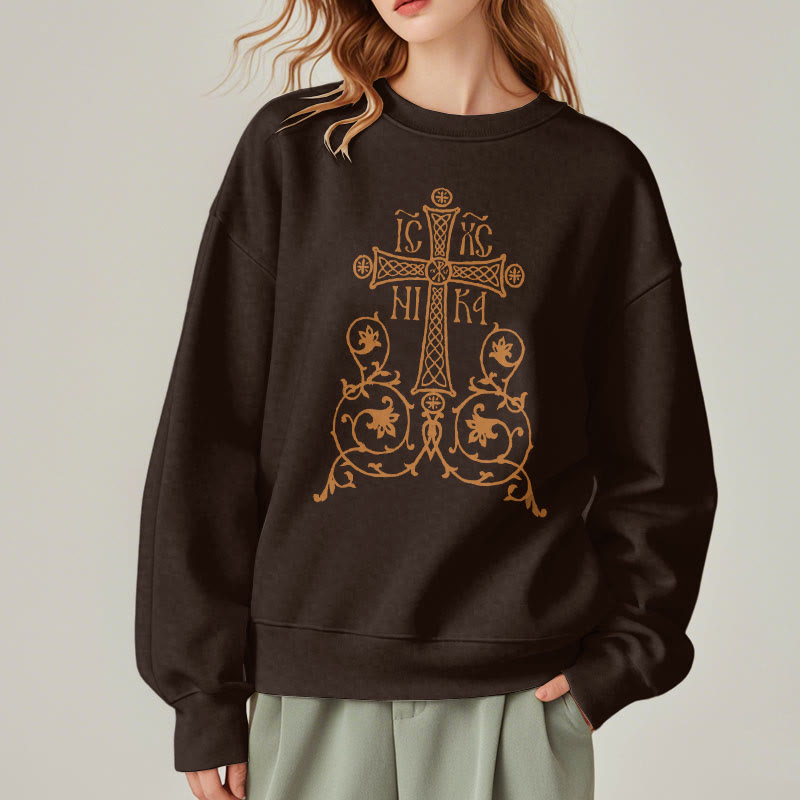 Christianartworkshop Classic Style Sacred Cross Emblem Floral Vines Fleece Lined Polyester Sweatshirt - image 18