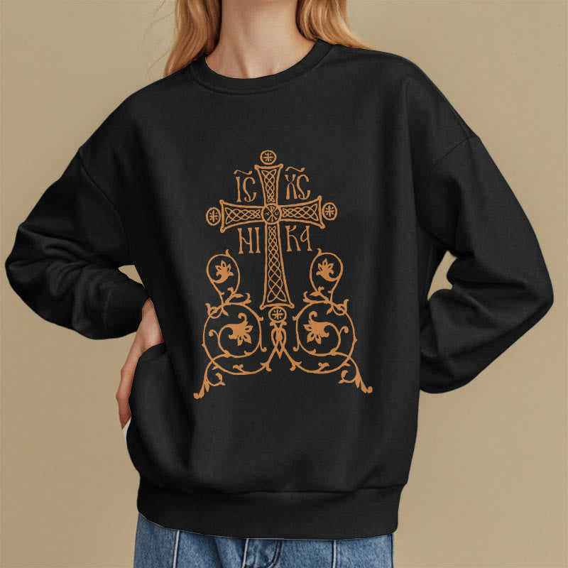 Christianartworkshop Classic Style Sacred Cross Emblem Floral Vines Fleece Lined Polyester Sweatshirt - image 1