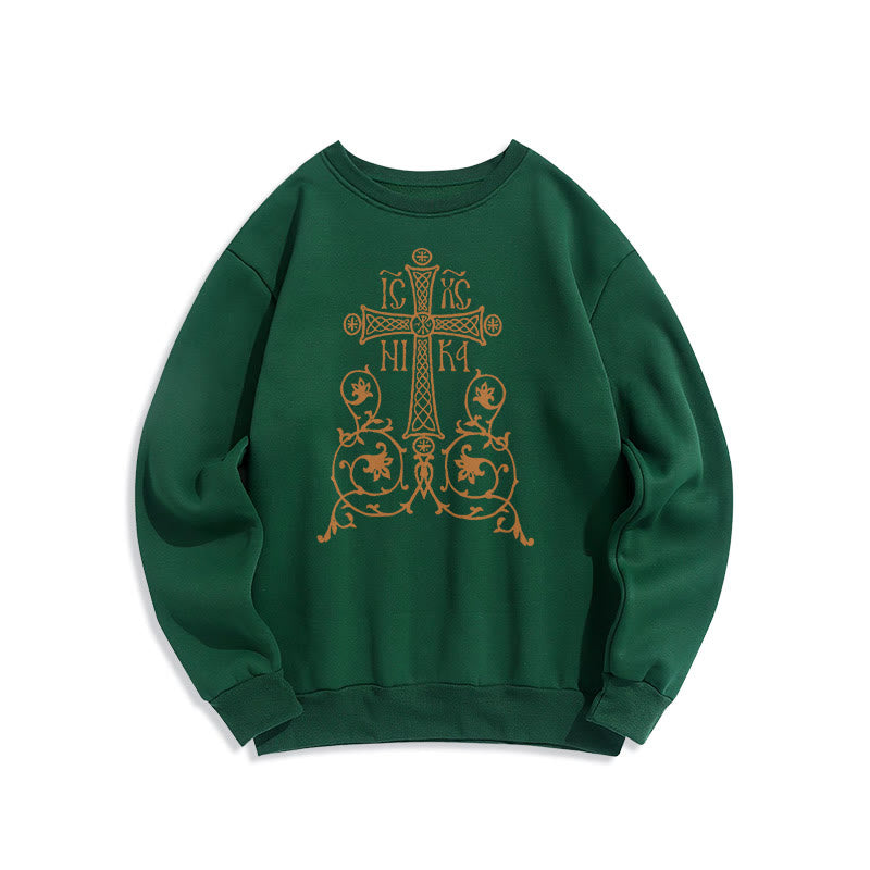 Christianartworkshop Classic Style Sacred Cross Emblem Floral Vines Fleece Lined Polyester Sweatshirt - Green - 2XL - image 20