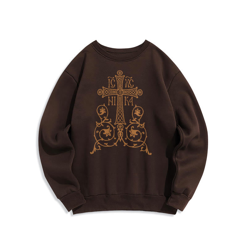 Christianartworkshop Classic Style Sacred Cross Emblem Floral Vines Fleece Lined Polyester Sweatshirt - Brown - 2XL - image 15