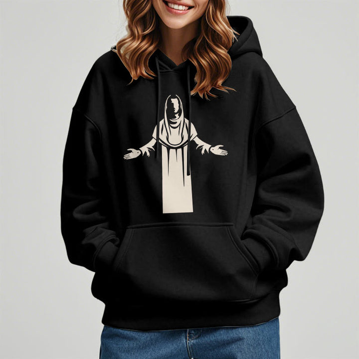 Christianartworkshop Classic Style Saint Figure Hands Open Praying Fleece Lined Polyester Hoodie - image 8