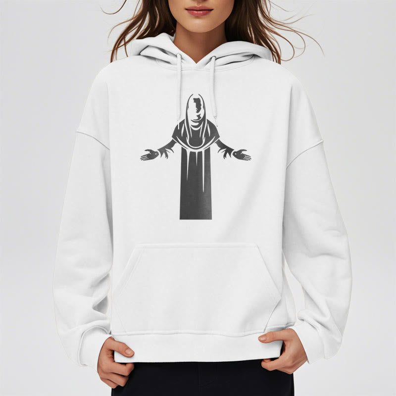 Christianartworkshop Classic Style Saint Figure Hands Open Praying Fleece Lined Polyester Hoodie - image 13