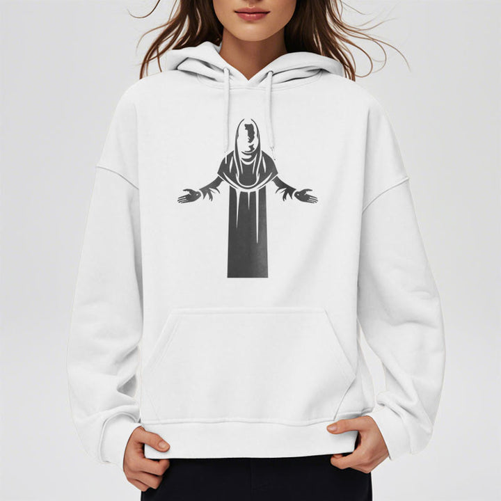 Christianartworkshop Classic Style Saint Figure Hands Open Praying Fleece Lined Polyester Hoodie - image 13
