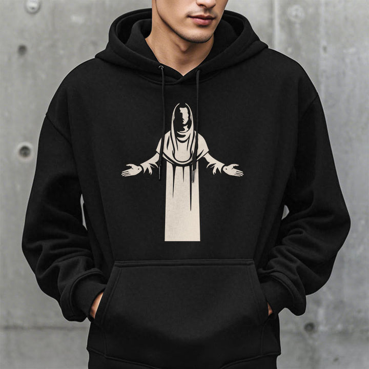 Christianartworkshop Classic Style Saint Figure Hands Open Praying Fleece Lined Polyester Hoodie - image 7