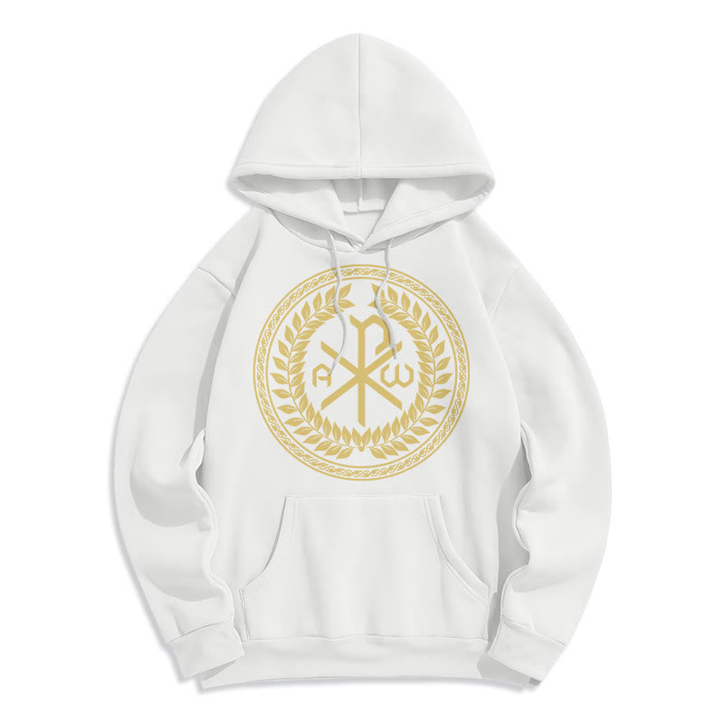 Christianartworkshop Classic Style Sacred Chi-rho Emblem Laurel Wreath Fleece Lined Polyester Hoodie - White - 2XL - image 5