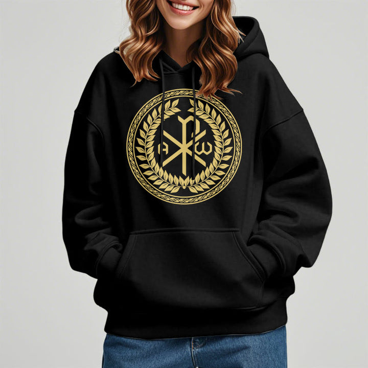 Christianartworkshop Classic Style Sacred Chi-rho Emblem Laurel Wreath Fleece Lined Polyester Hoodie - image 1