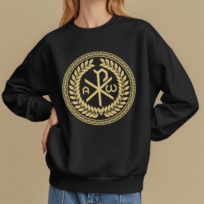 Christianartworkshop Classic Style Sacred Chi-rho Emblem Laurel Wreath Fleece Lined Polyester Sweatshirt - image 2