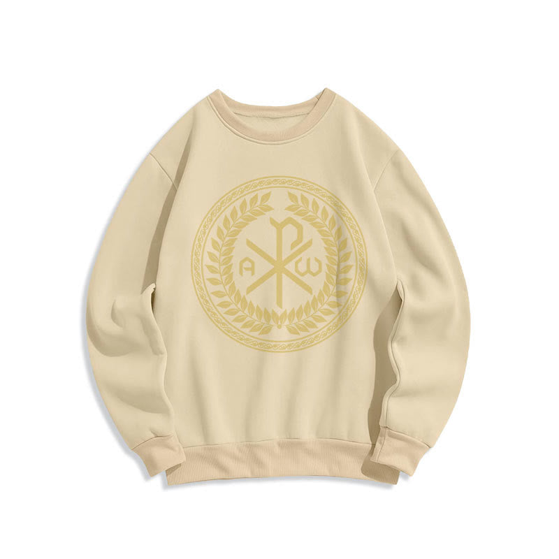 Christianartworkshop Classic Style Sacred Chi-rho Emblem Laurel Wreath Fleece Lined Polyester Sweatshirt - Beige - 2XL - image 10