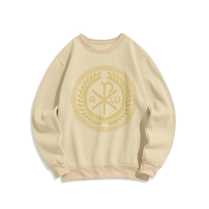 Christianartworkshop Classic Style Sacred Chi-rho Emblem Laurel Wreath Fleece Lined Polyester Sweatshirt - Beige - 2XL - image 10