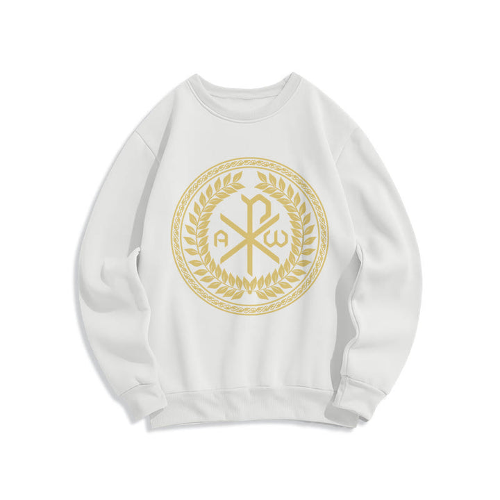 Christianartworkshop Classic Style Sacred Chi-rho Emblem Laurel Wreath Fleece Lined Polyester Sweatshirt - White - 2XL - image 5