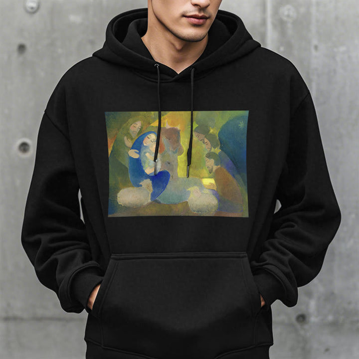 Christianartworkshop Classic Colored Style Nativity Scene Holy Night Fleece Lined Polyester Hoodie - image 7