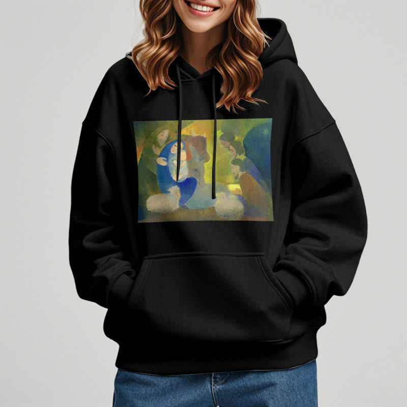 Christianartworkshop Classic Colored Style Nativity Scene Holy Night Fleece Lined Polyester Hoodie - image 8