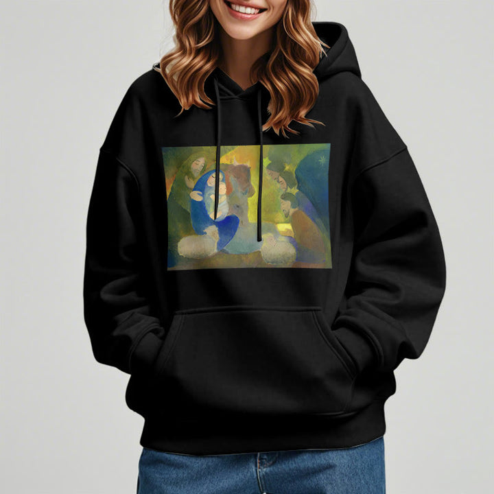 Christianartworkshop Classic Colored Style Nativity Scene Holy Night Fleece Lined Polyester Hoodie - image 8