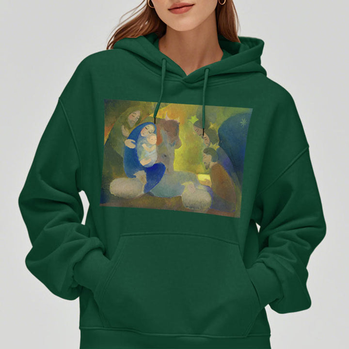 Christianartworkshop Classic Colored Style Nativity Scene Holy Night Fleece Lined Polyester Hoodie - image 24