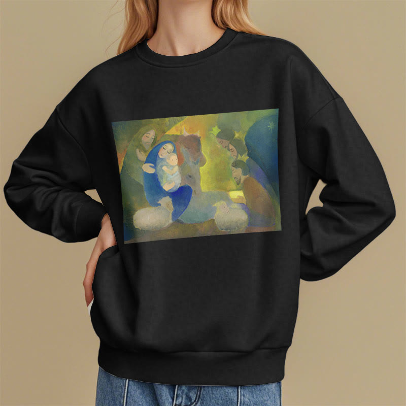 Christianartworkshop Classic Colored Style Nativity Scene Holy Night Fleece Lined Polyester Sweatshirt - image 7