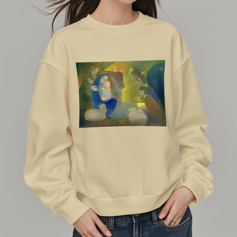 Christianartworkshop Classic Colored Style Nativity Scene Holy Night Fleece Lined Polyester Sweatshirt - image 13