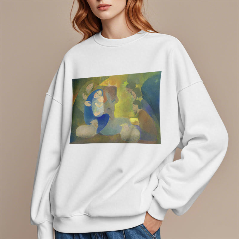 Christianartworkshop Classic Colored Style Nativity Scene Holy Night Fleece Lined Polyester Sweatshirt - image 2