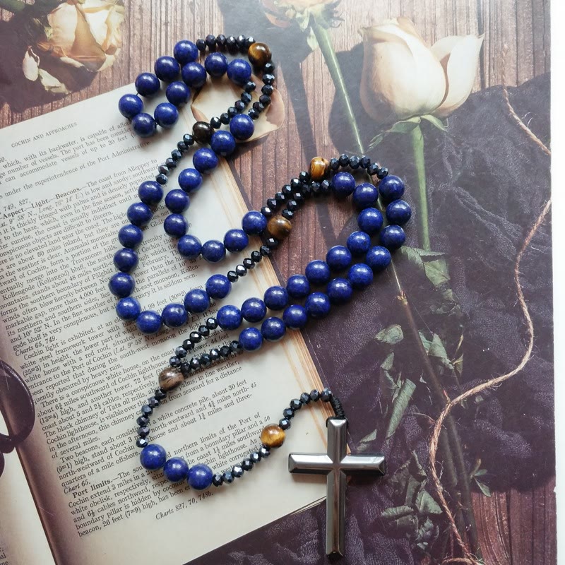 Christianartworkshop Cross of 4*8 mm Round Blue Hematite Bluestone Nylon Cord Rosary - Blue - image 0