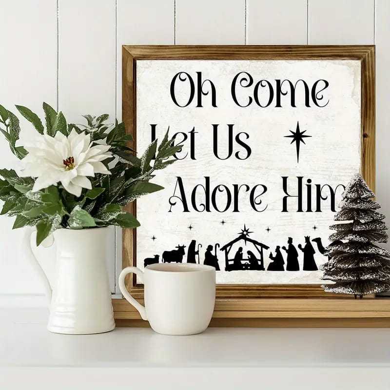 Christianartworkshop Classic Style Oh Come Let Us Adore Him Nativity Scene Wooden Sign Ornaments - image 3